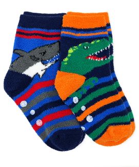 Jefferies Socks Boys Dinosaur and Shark Fuzzy Slipper Socks 2 Pair Pack