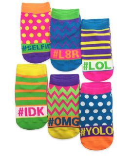 Jefferies Socks Girls Bright Neon Hashtag Low Cut Socks 6 Pair Pack