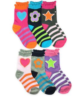 Jefferies Socks Girls Stars/Daisies/Hearts Pattern Crew Socks 6 Pair Pack
