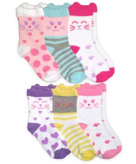 Jefferies Socks Girls Kitty Cat Fashion Pattern Crew Socks 6 Pair