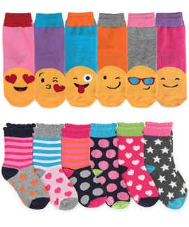 Jefferies Socks Girls Emoji Hearts Stars Stripes Pattern Variety Crew Socks 12 Pair Pack