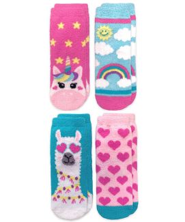 Jefferies Socks Girls Unicorn Rainbow & Llama Hearts Fuzzy Non-Skid Slipper Socks 4 Pair Pack  
