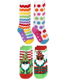Jefferies Socks Girls Holiday Gnome Rainbow Stripe Fuzzy Non-Skid Slipper Socks 4 Pair Pack