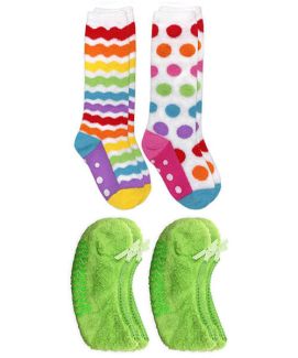 Jefferies Socks Girls Polka Dot Stripe Knee High & Footie Fuzzy Slipper Socks 4 Pair Pack