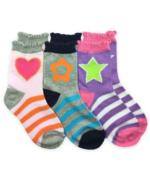 Jefferies Socks Girls Fun Pattern Crew Socks Heart, Flower, Star in pink, grey and purple 3 Pair Pack