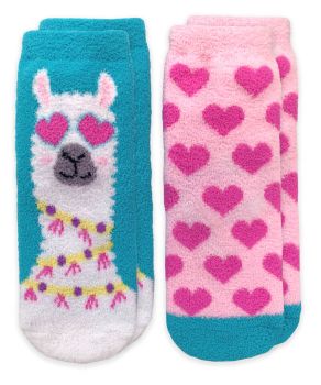 Jefferis Socks Girls Llama and Hearts Fuzzy Non-Skid Slipper Socks 2 Pair Pack