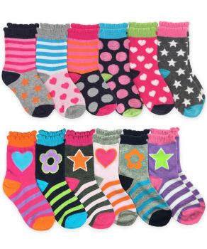 Jefferies Socks Girls Hearts Daisies Dots Stripes Pattern Variety Crew Socks 12 Pair Pack