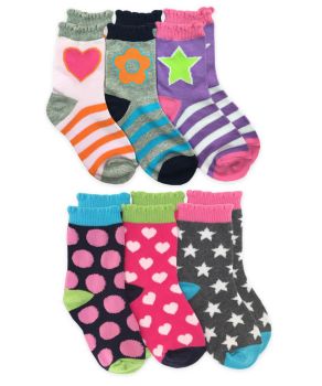 Jefferies Socks Girls Hearts/Flowers/Stars/Stripes Pattern Crew Socks 6 Pair Pack