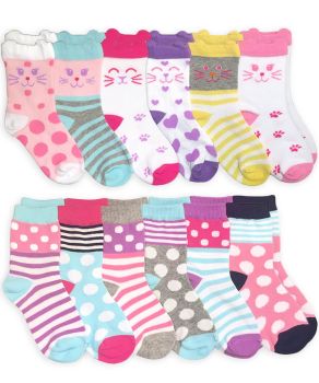 Jefferies Socks Girls Kitty Cats Polka Dots Stripes Pattern Variety Crew Socks 12 Pair Pack