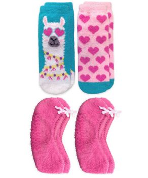 Jefferies Socks Girls Llama Hearts & Footie Fuzzy Non-Skid Slipper Socks 4 Pair Pack