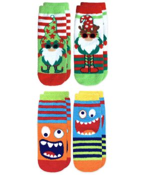 Jefferies Socks Boys Holiday Gnome Monster Stripe Fuzzy Non-Skid Slipper Socks 4 Pair Pack