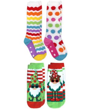 Jefferies Socks Girls Holiday Gnome Rainbow Stripe Fuzzy Non-Skid Slipper Socks 4 Pair Pack