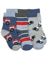 Jefferies Socks Boys Rescue Vehicles Fire Trucks, Police Car and Stripe Pattern Crew Socks 3 Pair Pack
