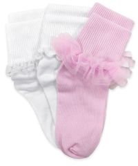 Jefferies Socks Girls Tutu Ruffle Turn Cuff Socks, Ripple Edge Turn Cuff Socks, Small Lace Turn Cuff Socks 3 Pair Pack