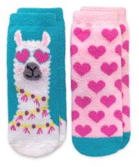 Jefferis Socks Girls Llama and Hearts Fuzzy Non-Skid Slipper Socks 2 Pair Pack