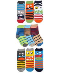 Jefferies Socks Boys Fun Monster Faces & Stripes Pattern Crew Socks 9 Pair Pack