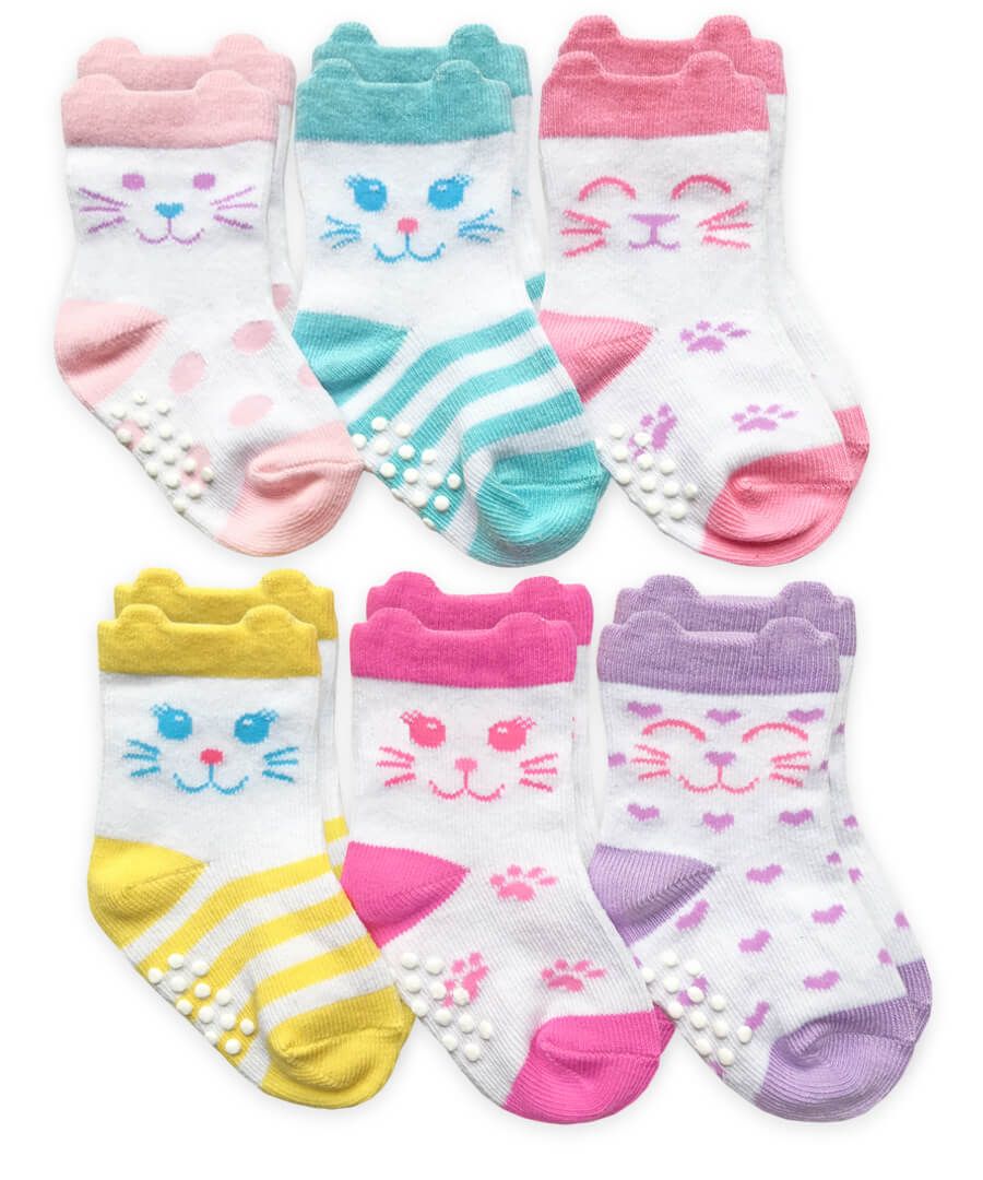 Jefferies Socks Baby Girls Non-Skid Cat Crew Socks 6 Pair Pack