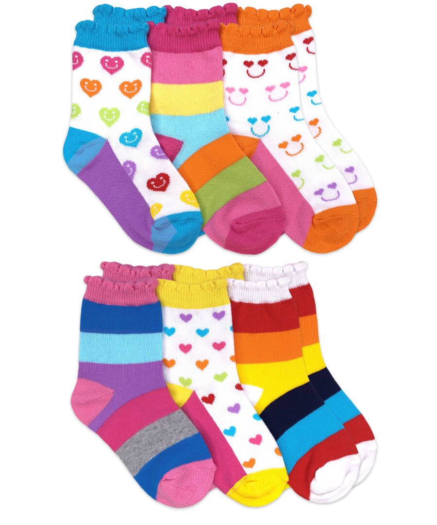 Jefferies Socks Rainbow Stripes Hearts Smiley Face Crew Socks 6 Pair Pack