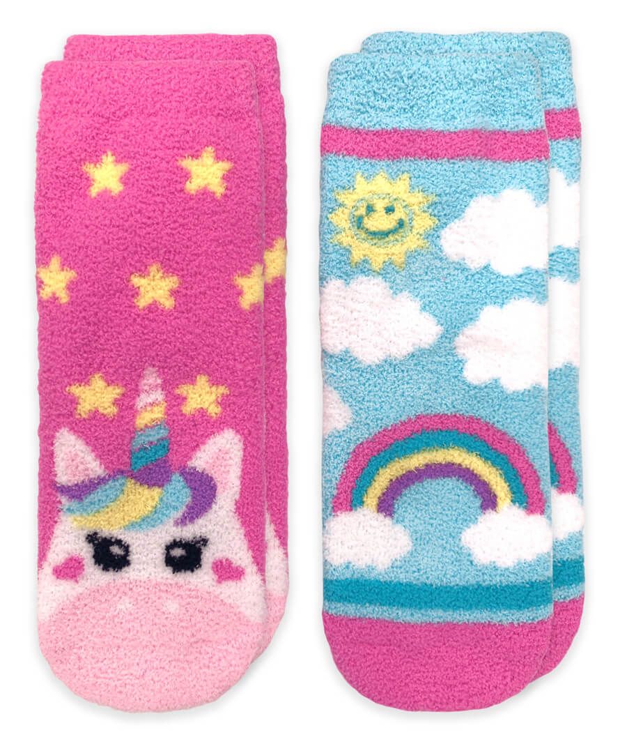 Jefferies Socks Girls Unicorn and Rainbow Fuzzy Non-Skid Slipper Socks 2  Pair Pack