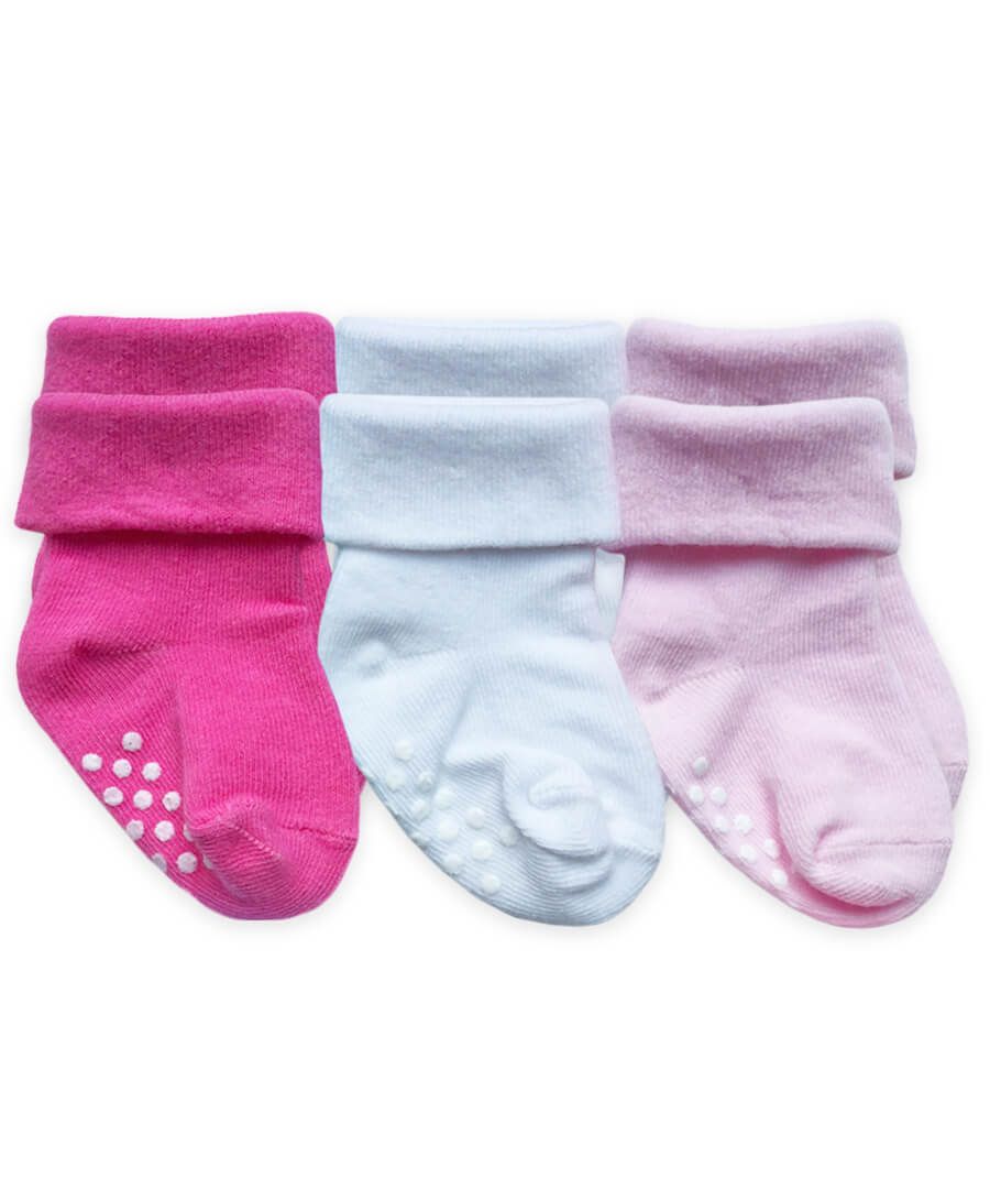 Baby Girls Soft Cotton Anti-Slip Non-Skid Cuff Socks 3 Pair Pack 0-9 Months 
