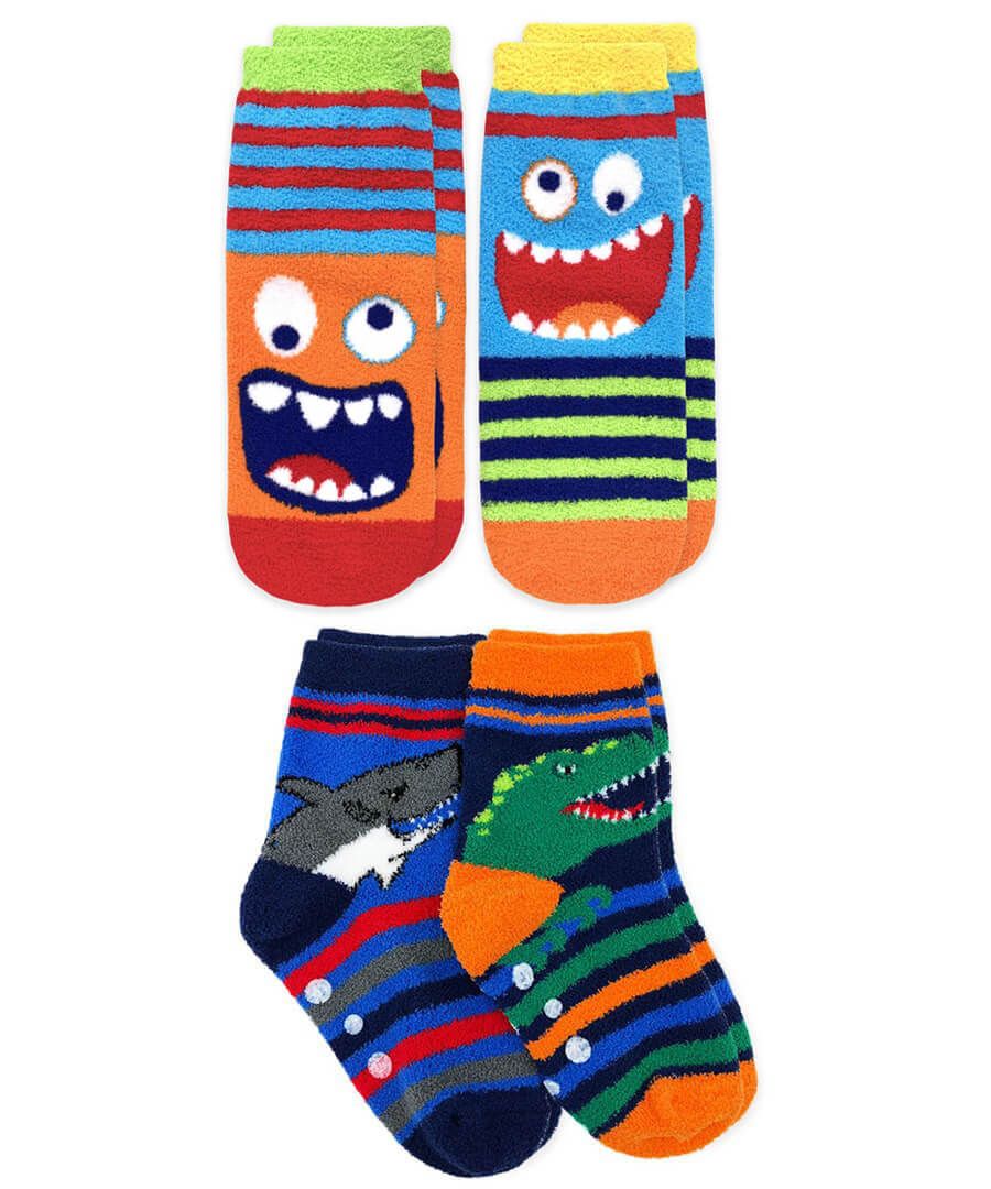 Jefferies Socks boys Dinosaur and Shark Fuzzy Non-skid Slipper Socks 2 Pair Pack 