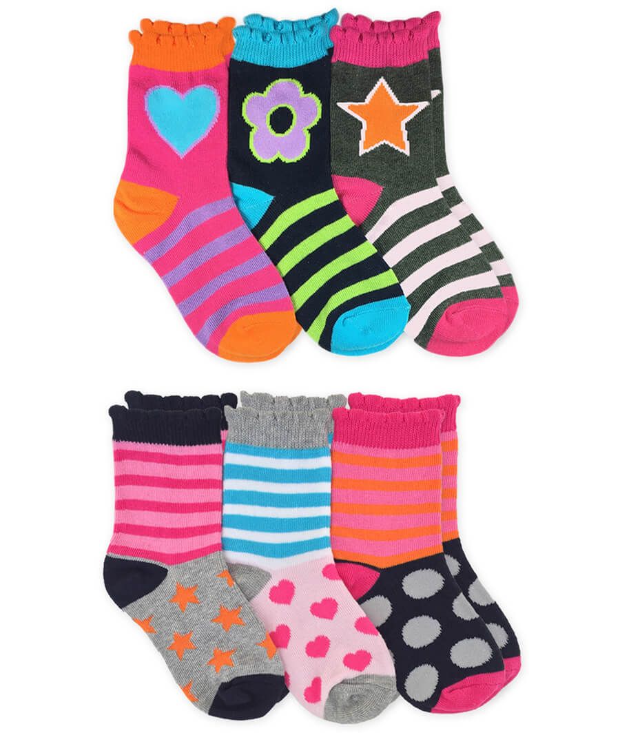 Jefferies Socks Girls Stripes Hearts Stars Flowers Pattern Crew Socks 6 ...